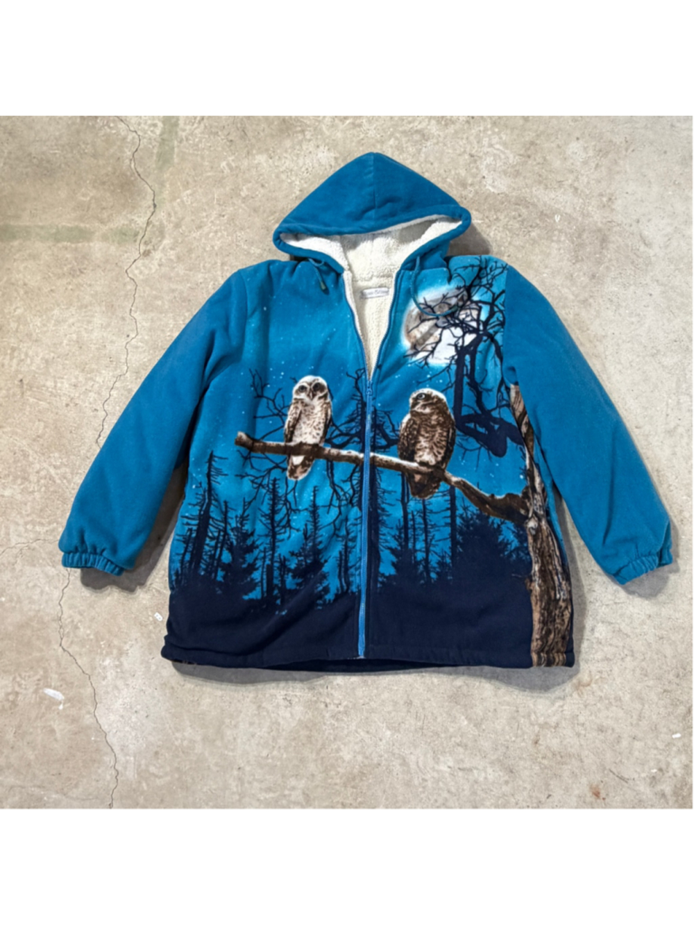 Classic Editions Women’s 2XL 3XL Blue Sherpa Lined Owl Graphic Fleece Jacket